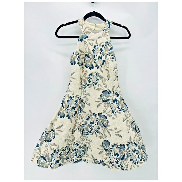 Dress the Population Hannah Dress M Floral Blue Silver Brocade Prom Party Hoco - Picture 1 of 11